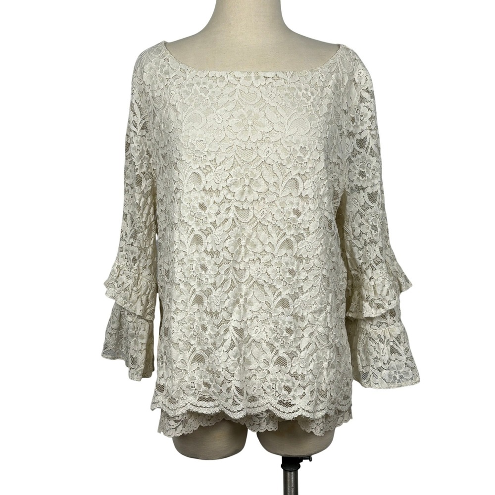 Cream Lace Bell Sleeve Top Womens M L Boho Cottagecore Romantic Sheer